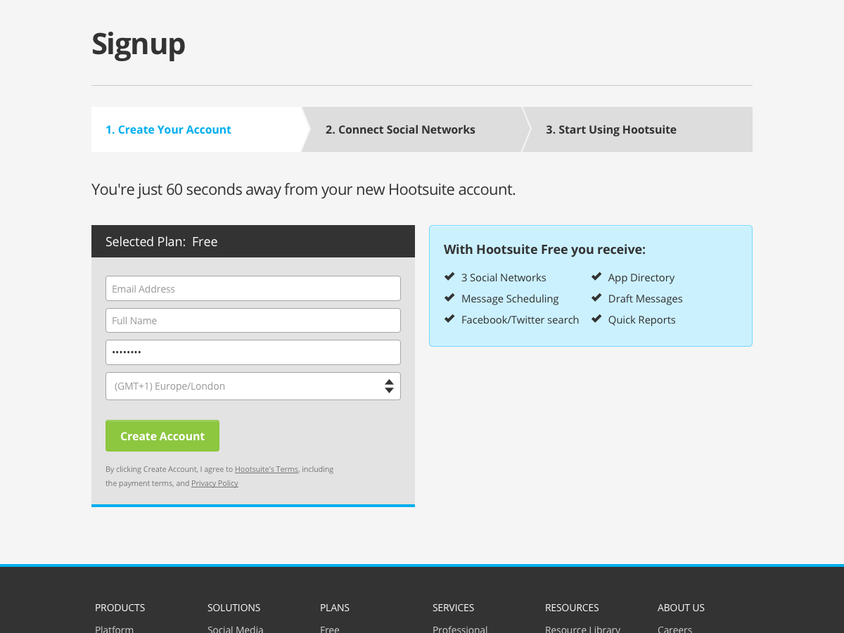 Hootsuite signup page