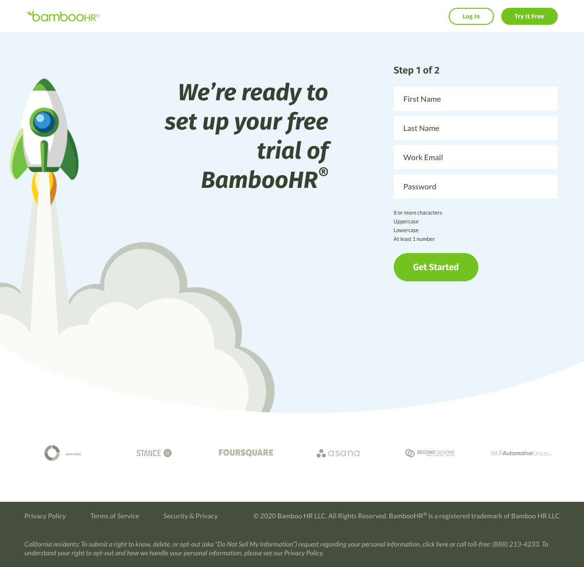 BambooHR Sign up page Find SaaS Websites inspiration