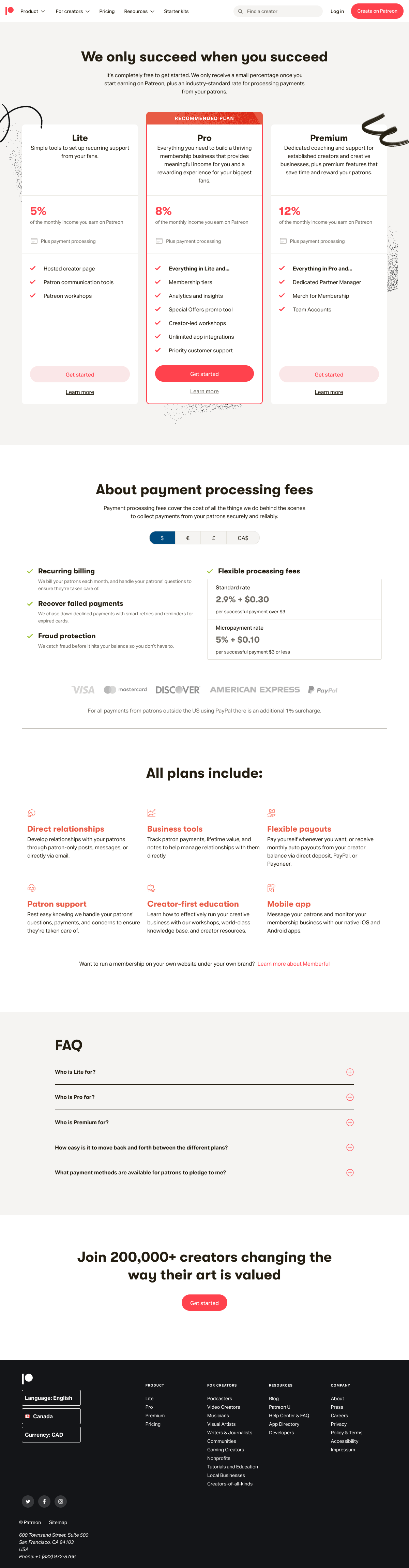 Patreon – Pricing page - Find SaaS Websites inspiration